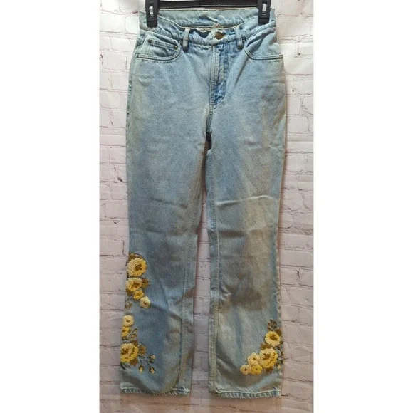 Newport News Jeanology yellow stitched flowers Sz 6 fits 2 3 4 flare Jeans - Picture 5 of 9